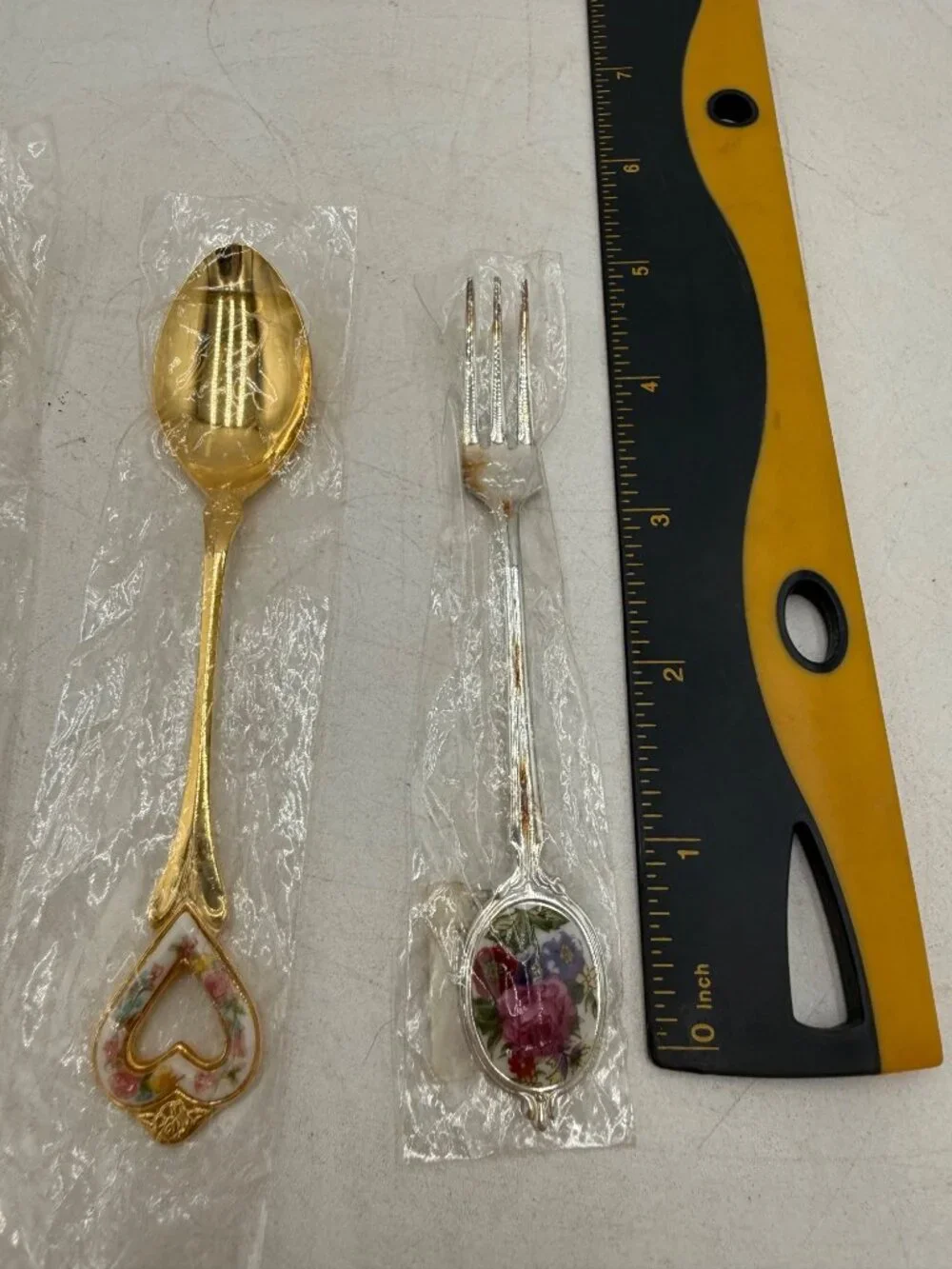 Vintage Gold Silver Mini Forks Spoons Floral Porcelain Handles Set 6